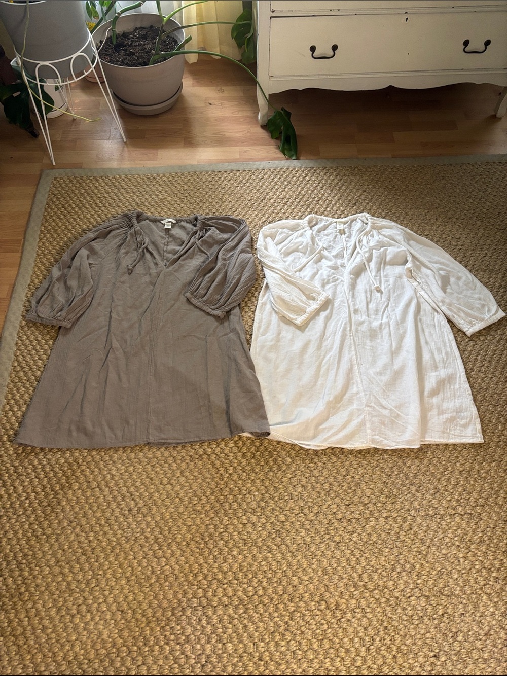 H&M Taupe & White Cotton Swim Coverups - Tie Neck